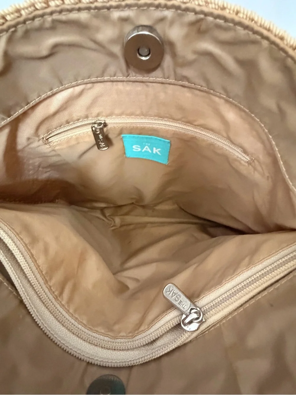 The Sak Tan Crochet Tote Bag with Front Zip Pocket